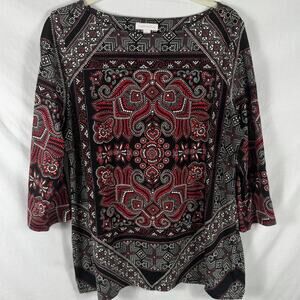 Charter Club Stretchy Red Paisley Print Blouse Large, Button Details at Shoulder